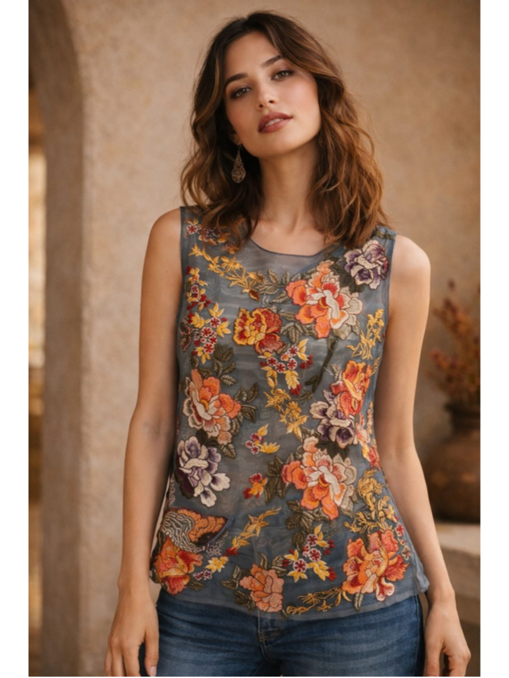 Sundance Embroidered Sheer Floral Blouse Boho Sleeveless Top Medium